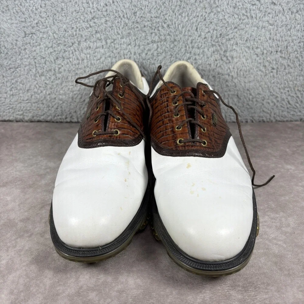 FootJoy Golf Shoes Mens 13 White Brown DryJoys Tour 53612 Croc Saddle Spiked